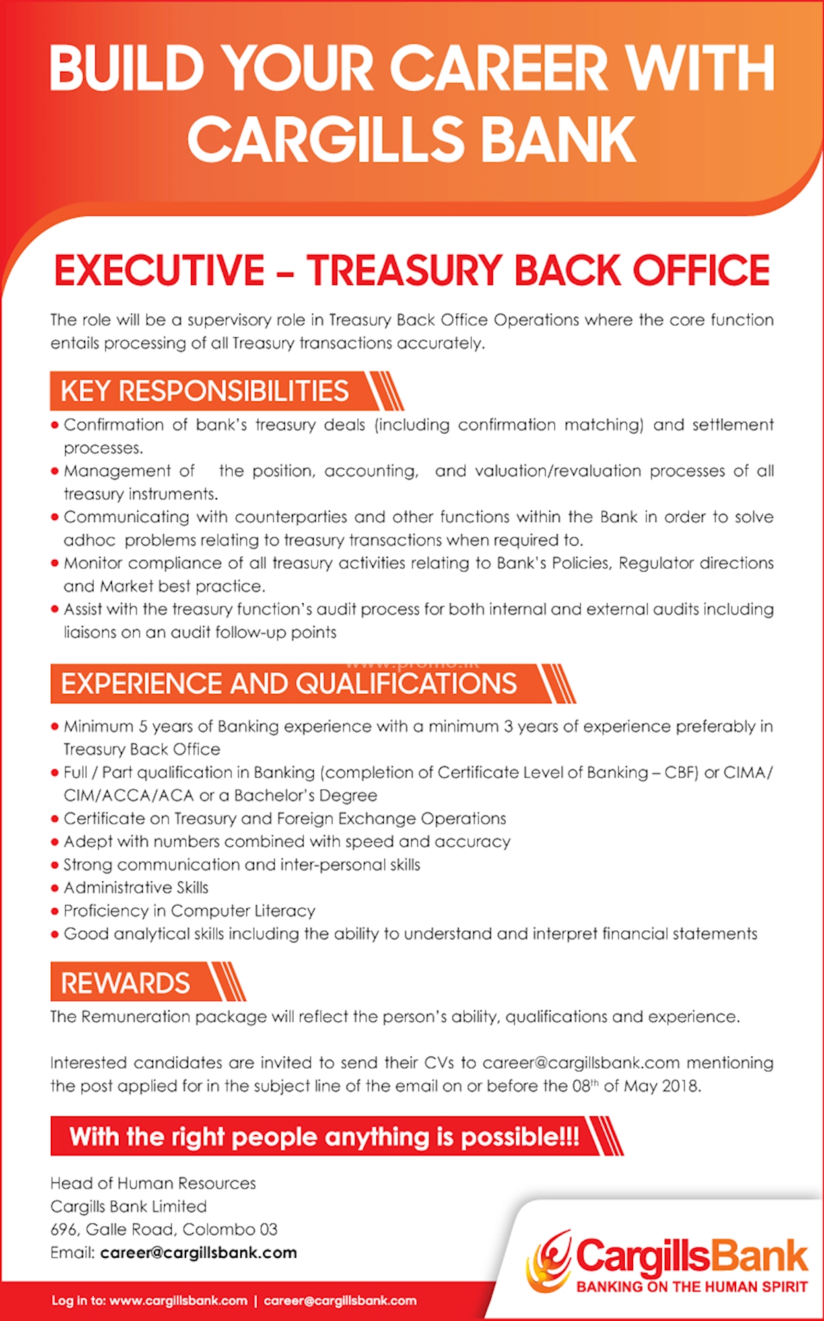 Executive Treasury Back Office at Cargills Bank