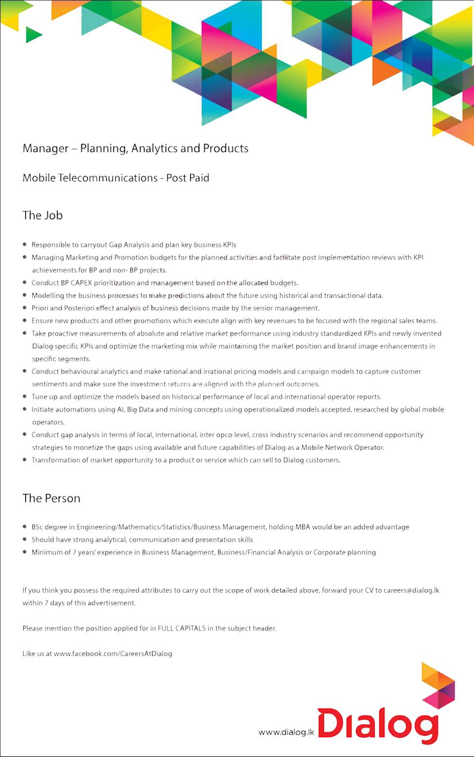 Manager - Planning , Analytics and Products