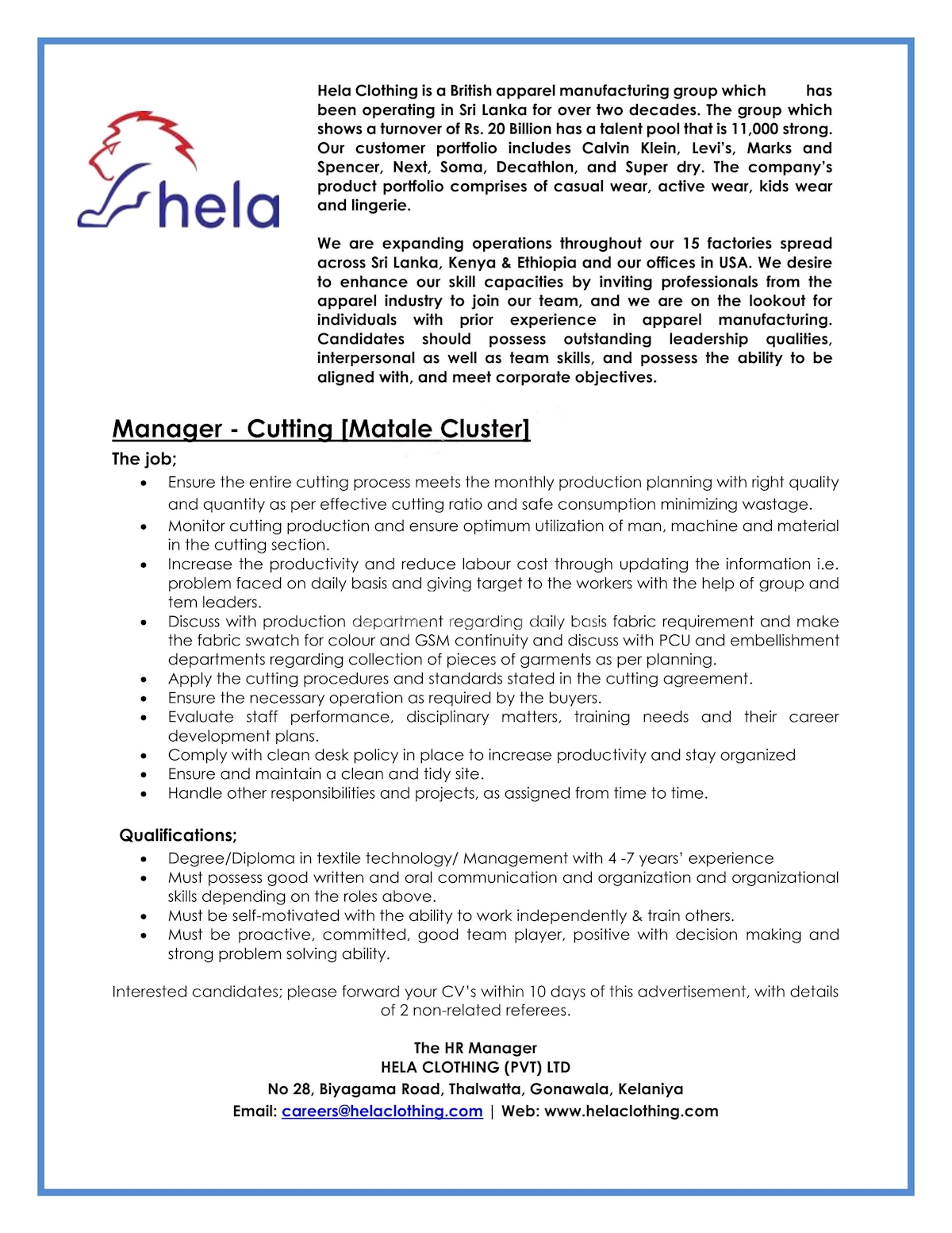 Manager - Cutting (Matale Cluster) 