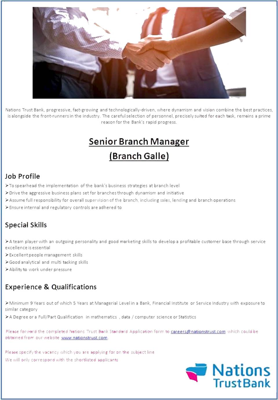 Senior Branch Manager - Galle