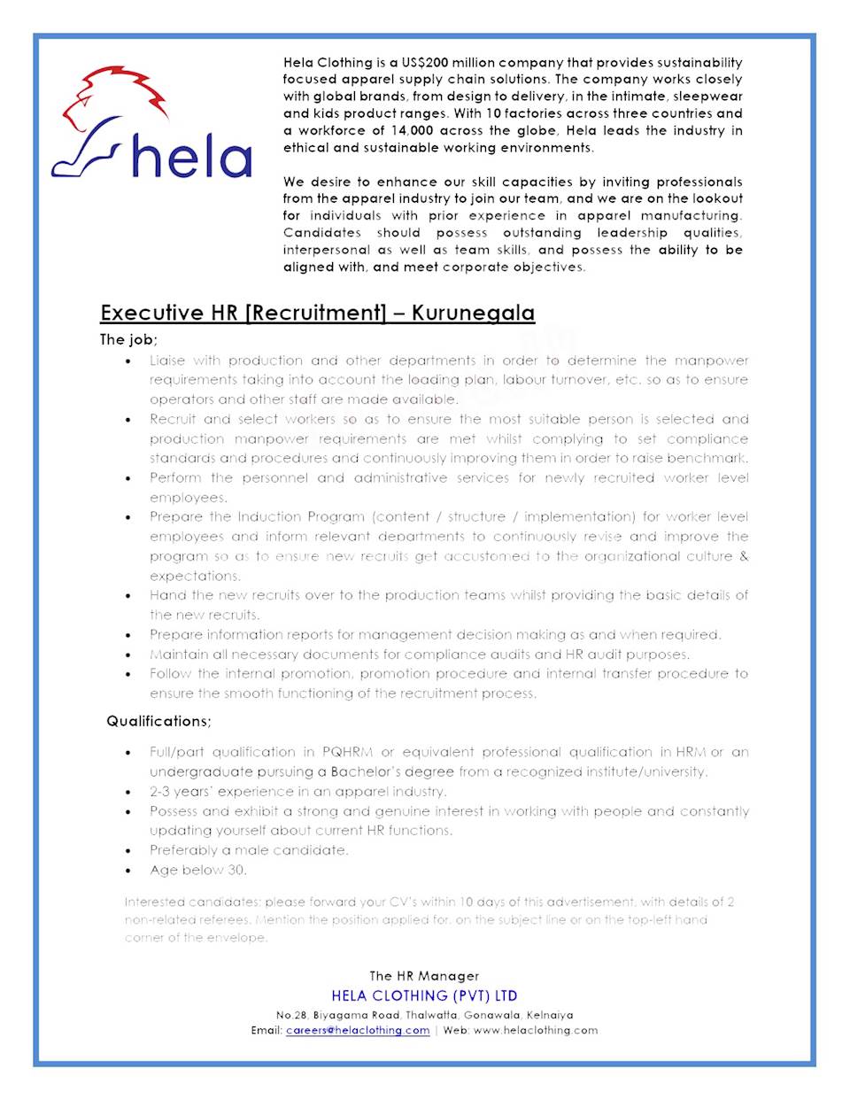 Executive HR (Recruitment) - Kurunegala