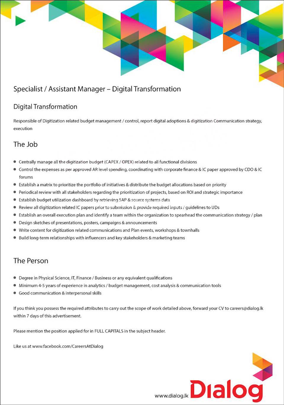 Specialist / Assistant Manager - Digital Transformation
