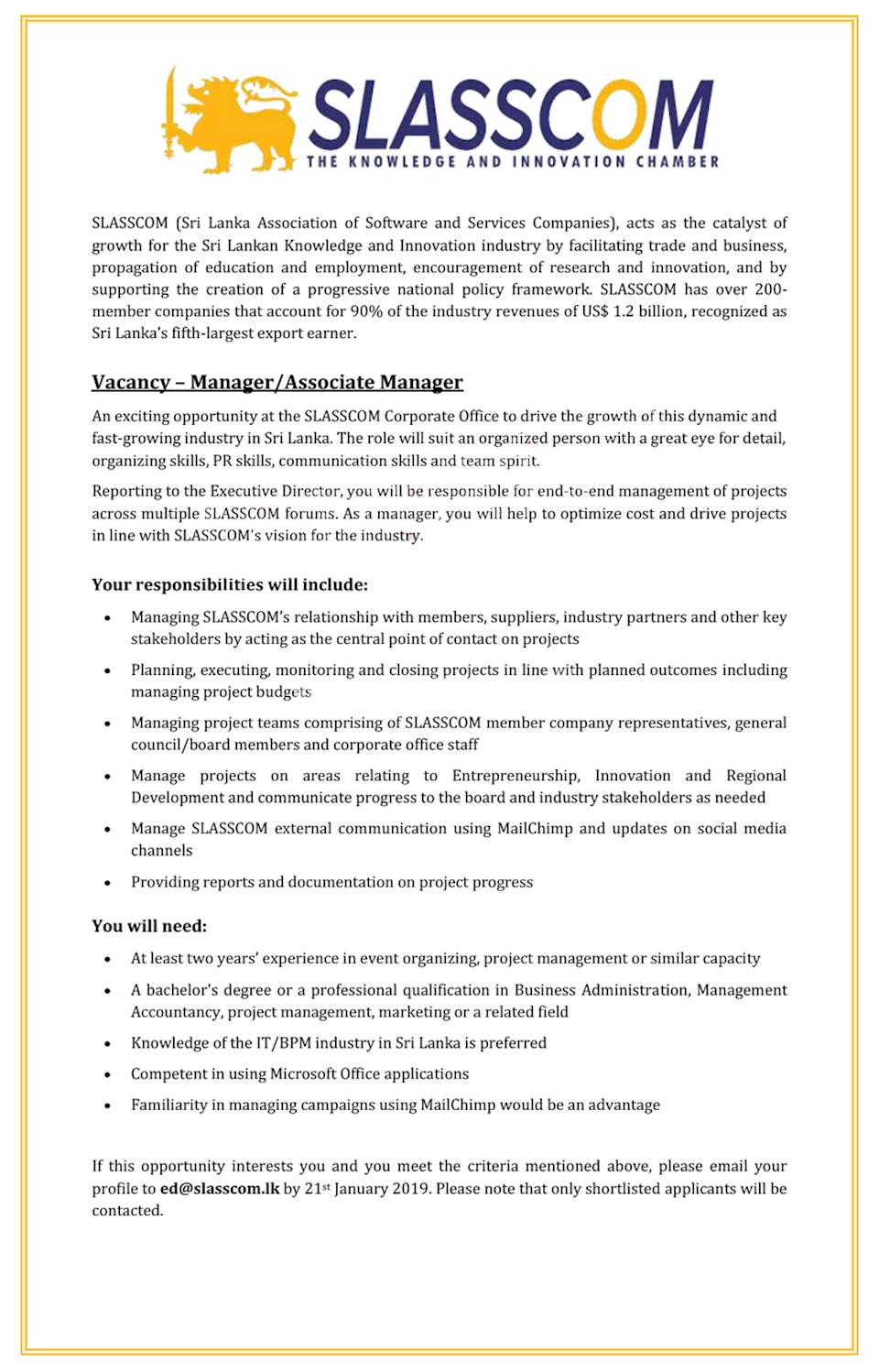 Vacancy - Manager / Associate Manager