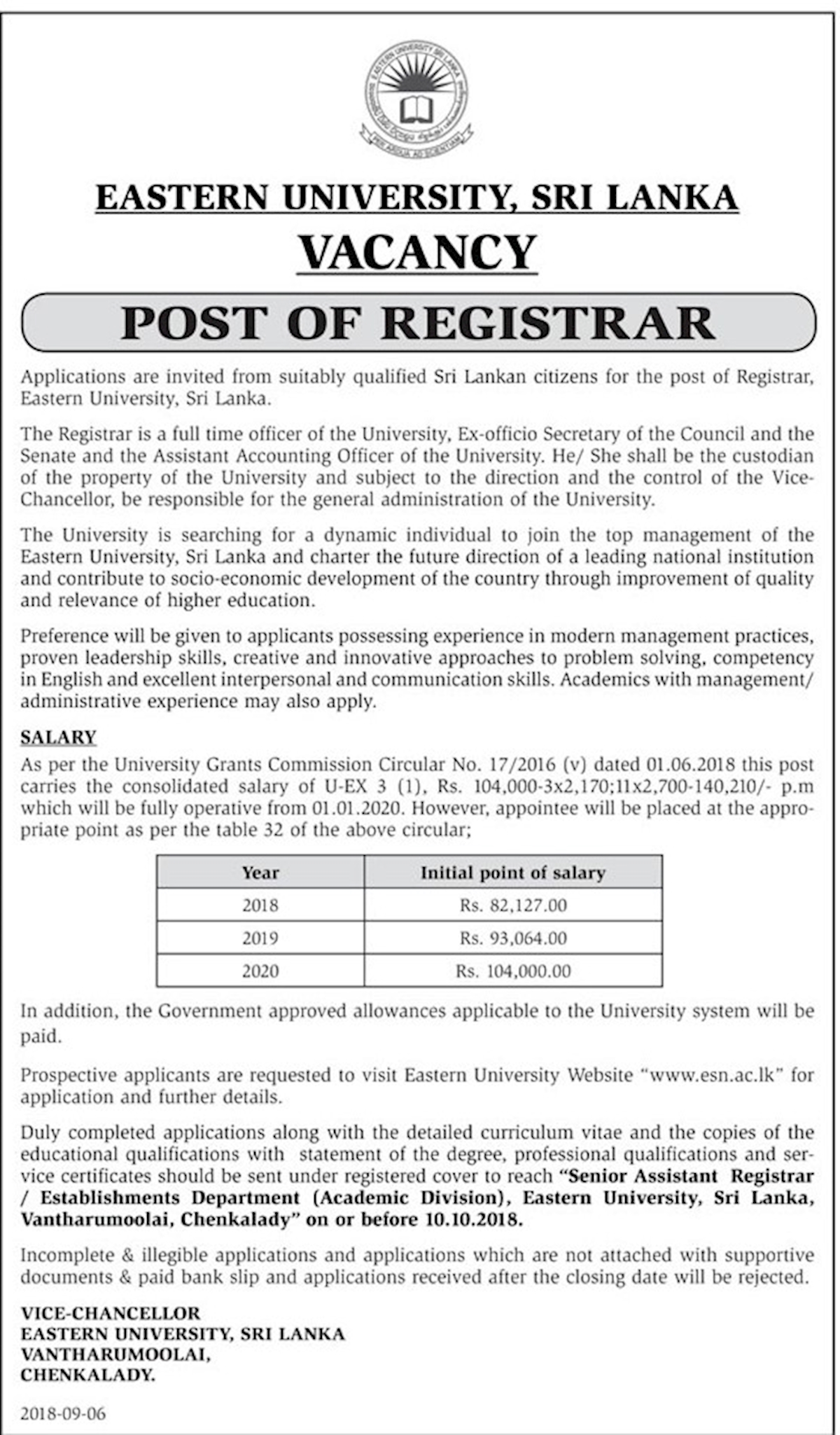 Post of Registrar 