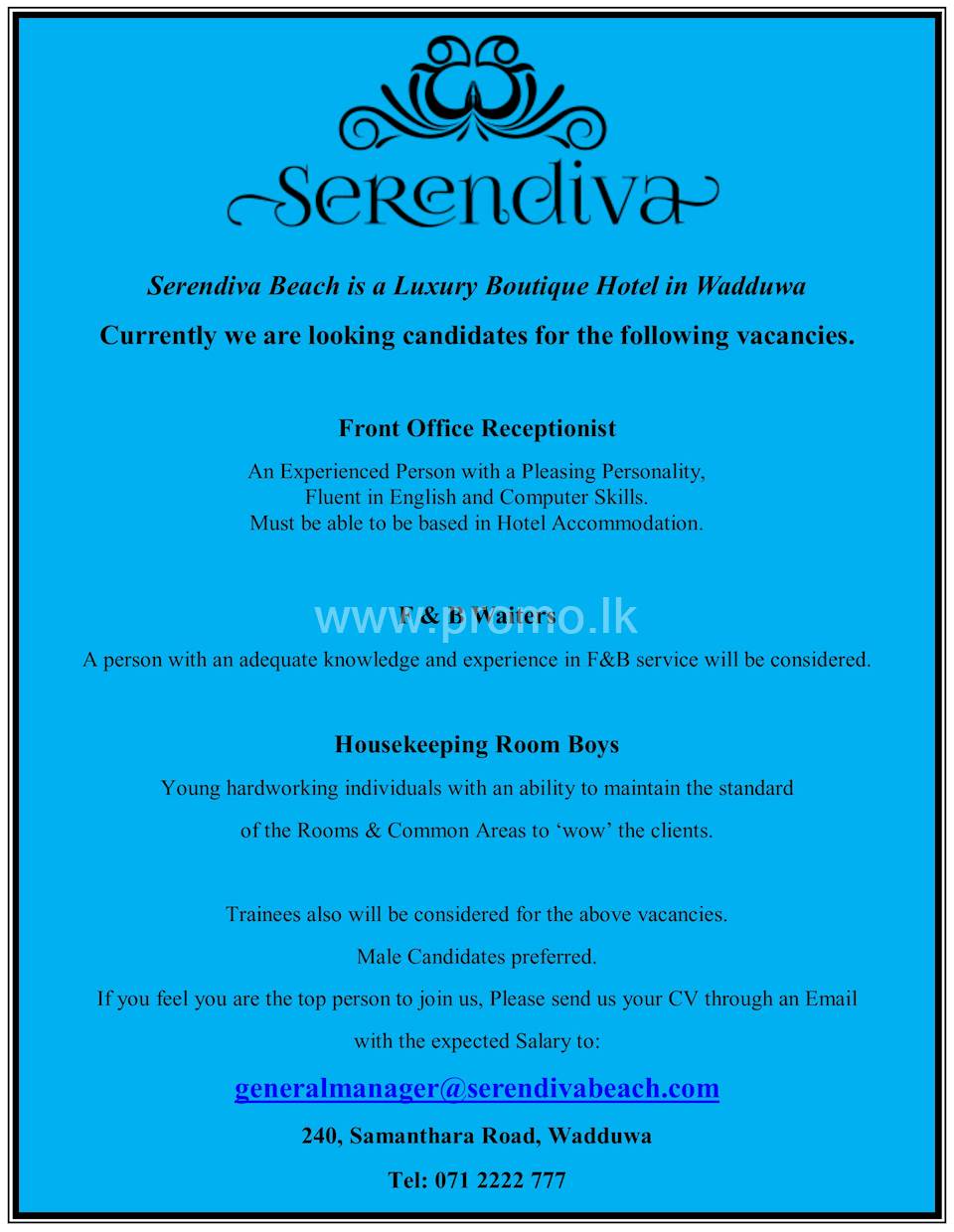 Vacancies at Serendiva Beach-Wadduwa 