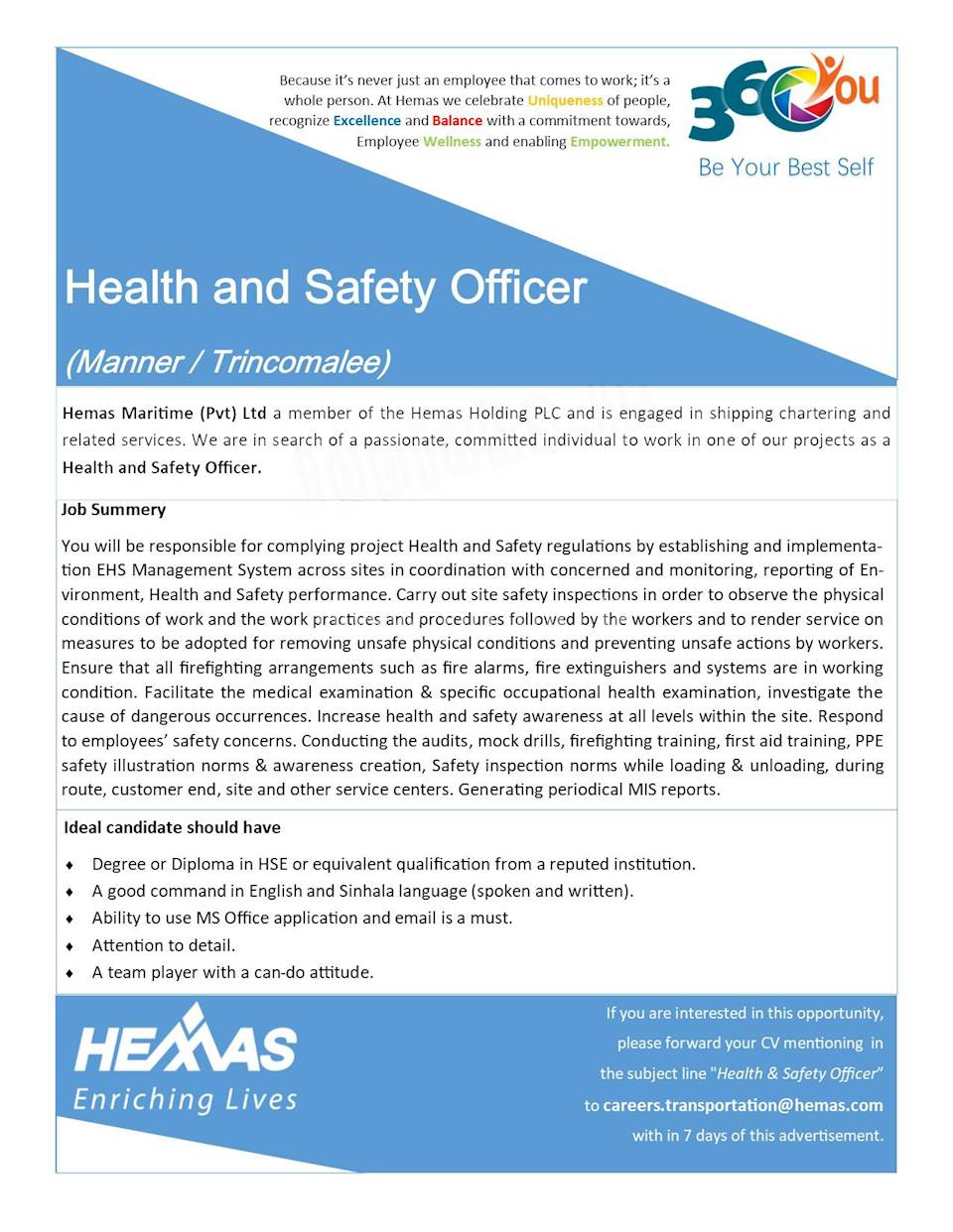 Health and Safety Officer at Hemas Holdings