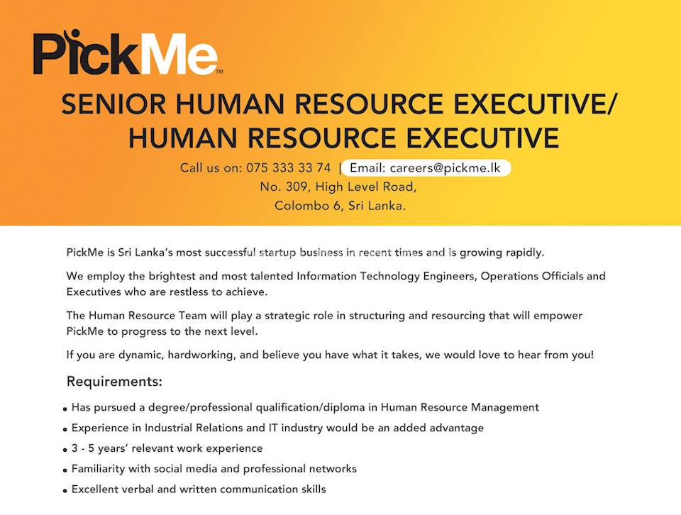 Senior Human Resource Executive / Human Resource Executive at PickMe.lk
