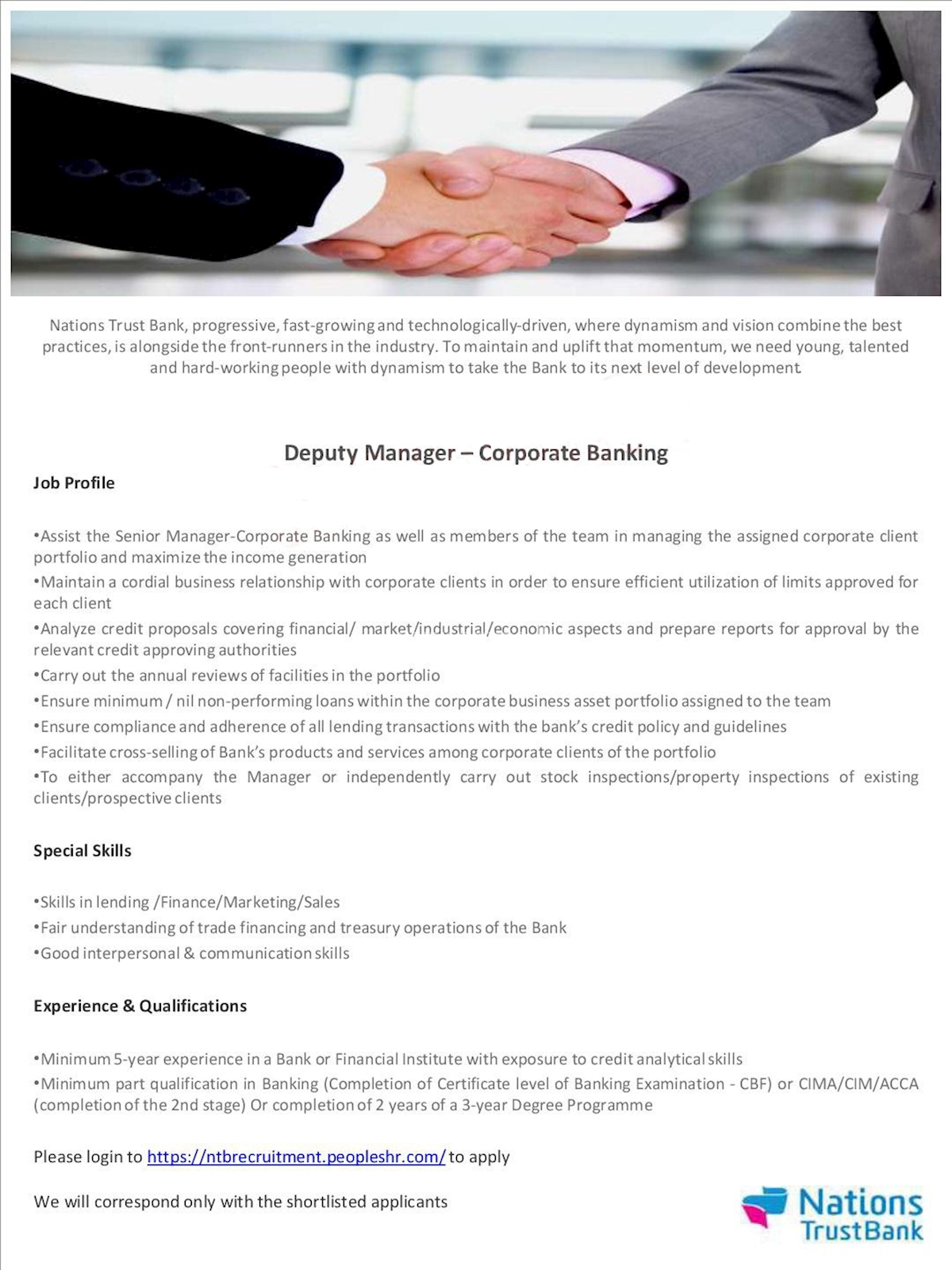 Deputy Manager - Corporate Banking