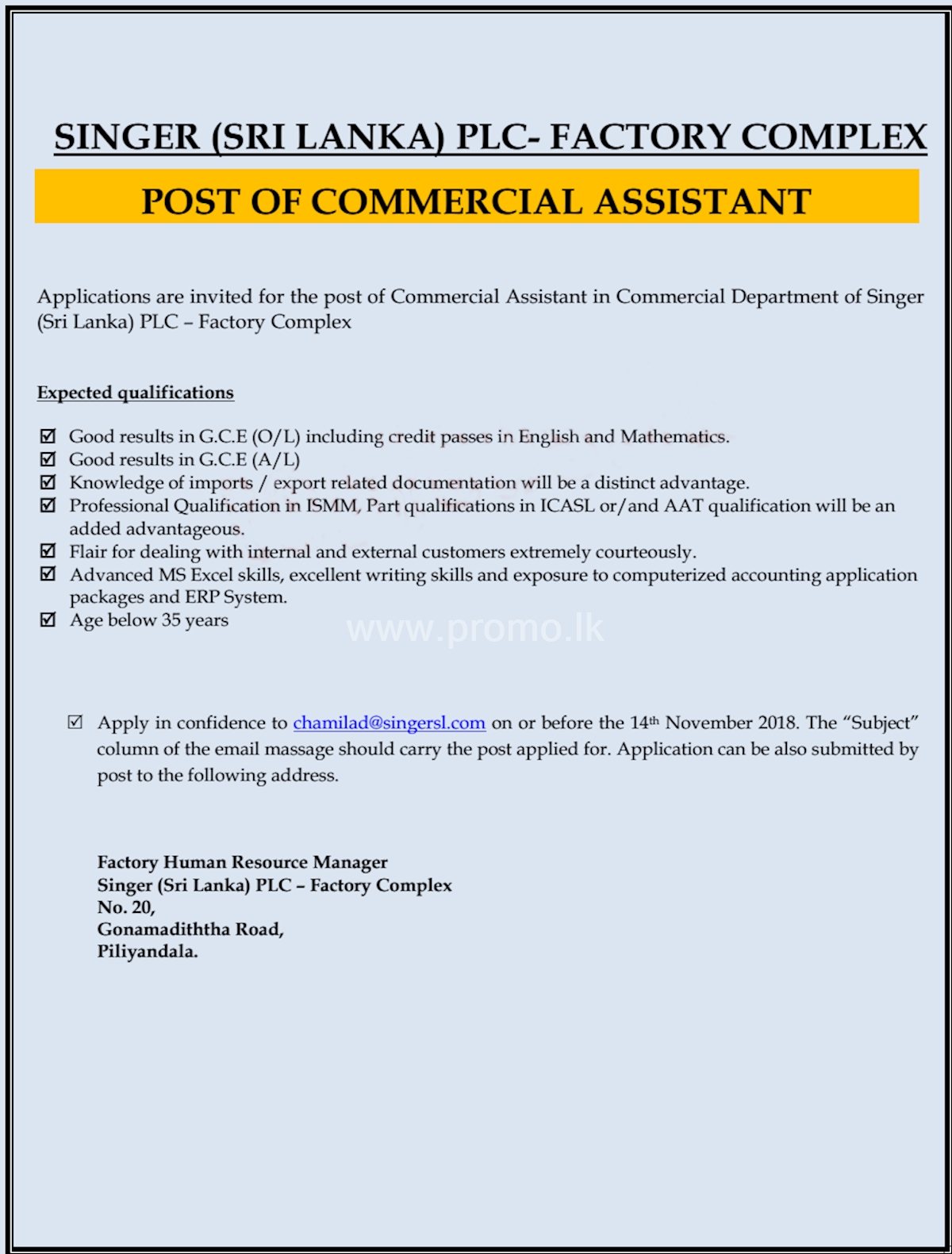 Post of Commercial Assistant 
