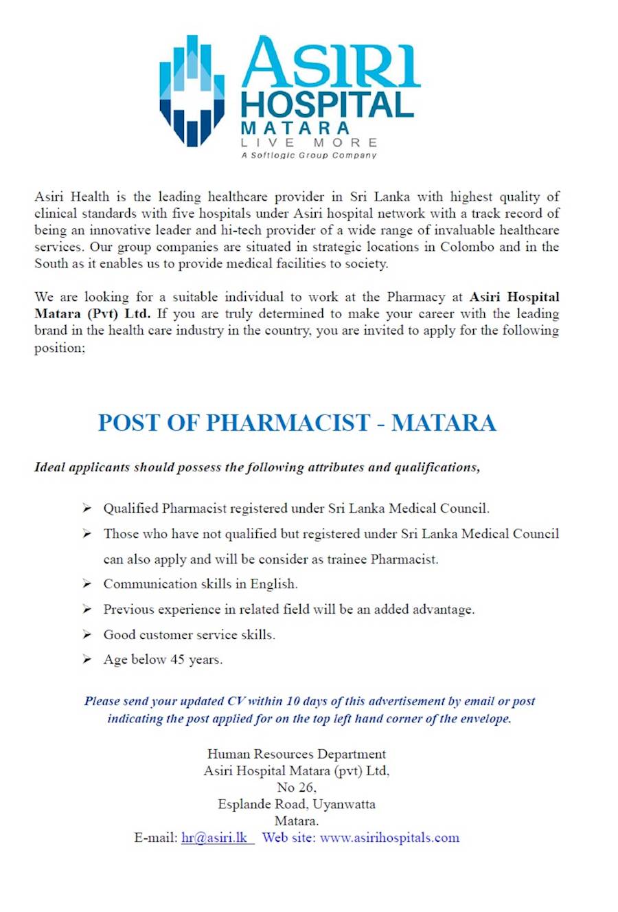 Vacancy for PHARMACIST at ASIRI HOSPITAL 