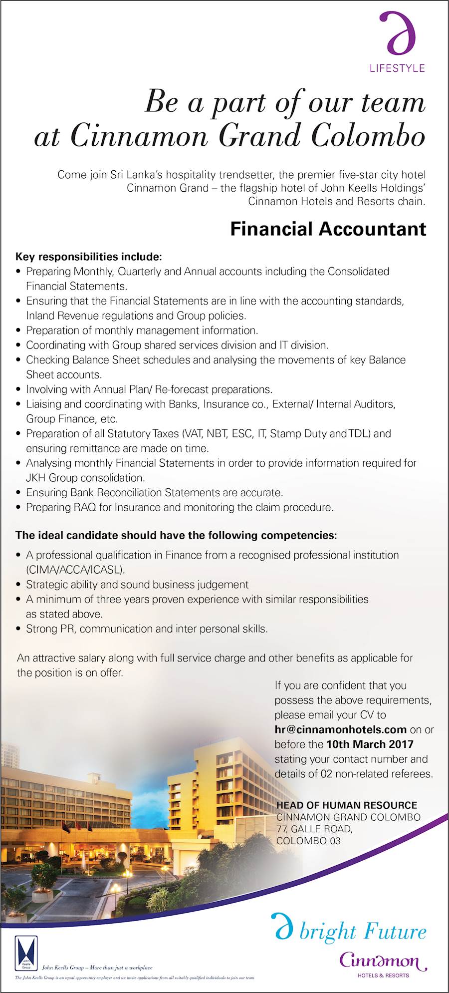 Vacancy for FINANCIAL ACCOUNTANT at CINNAMON GRAND 