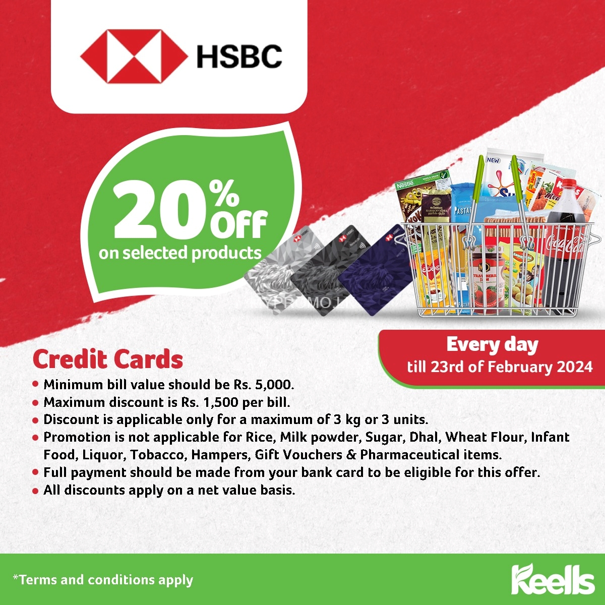 20% off on selected Products at Keells For HSBC Bank Credit Cards
