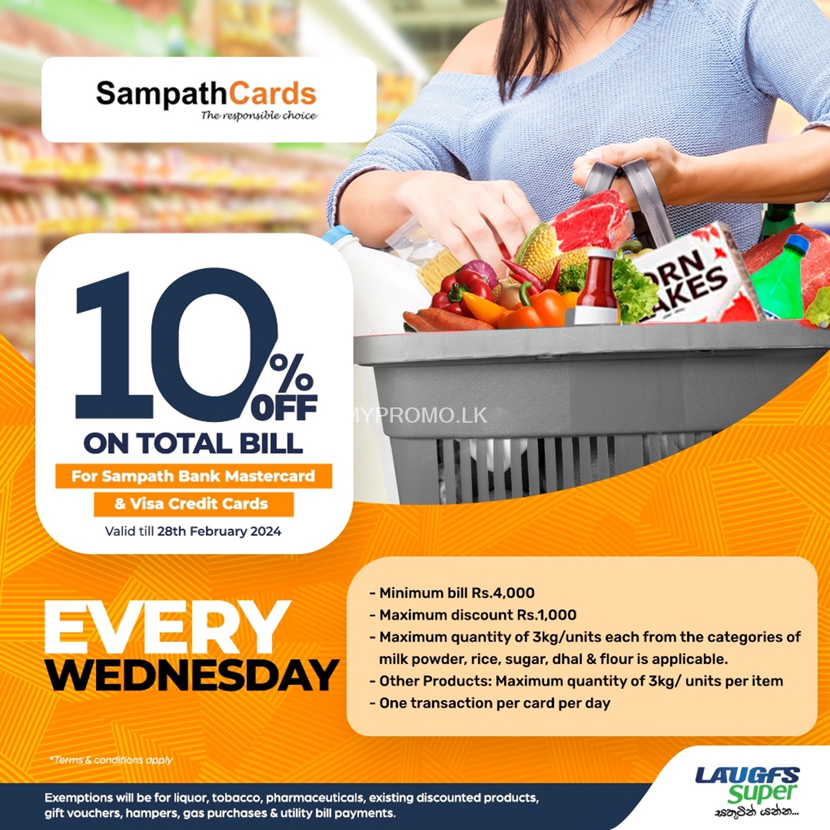 10% Off on total Bill for Sampath Bank Mastercard & visa Credit Cards at LAUGFS Supermarket