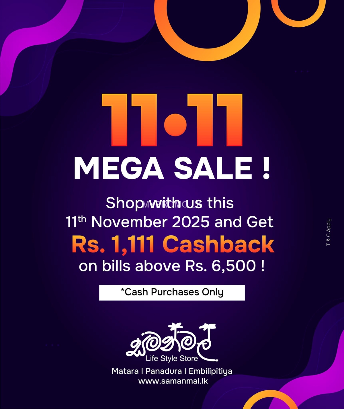 Samanmal Life Style Store 11.11 Mega Sale – Get Rs. 1,111 Cashback