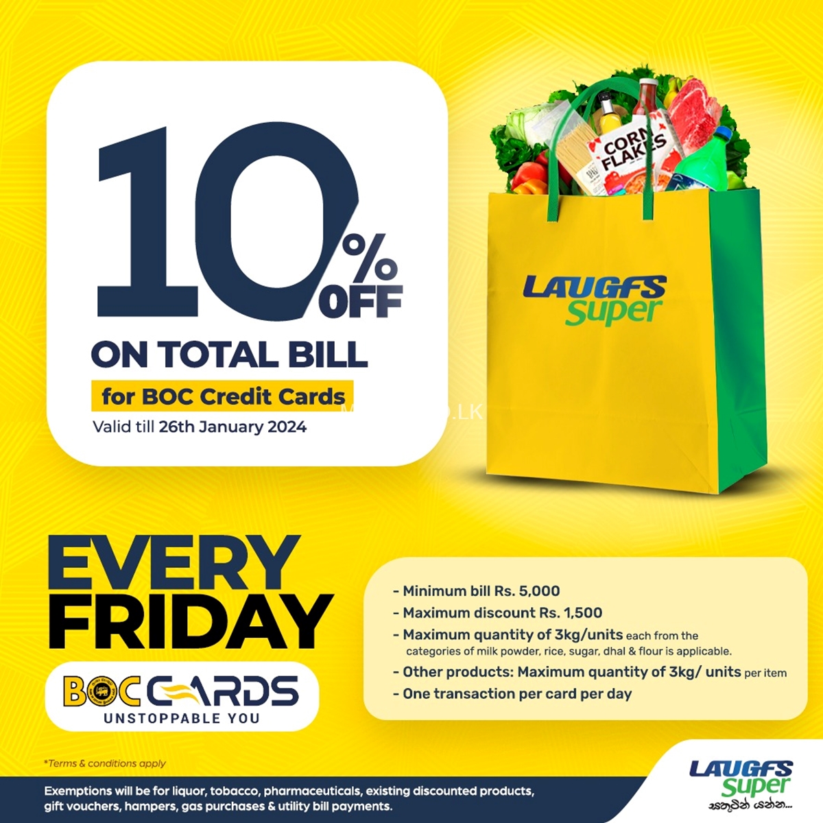 10% Off on Total Bill for BOC Credit Cards at LAUGFS Supermarket