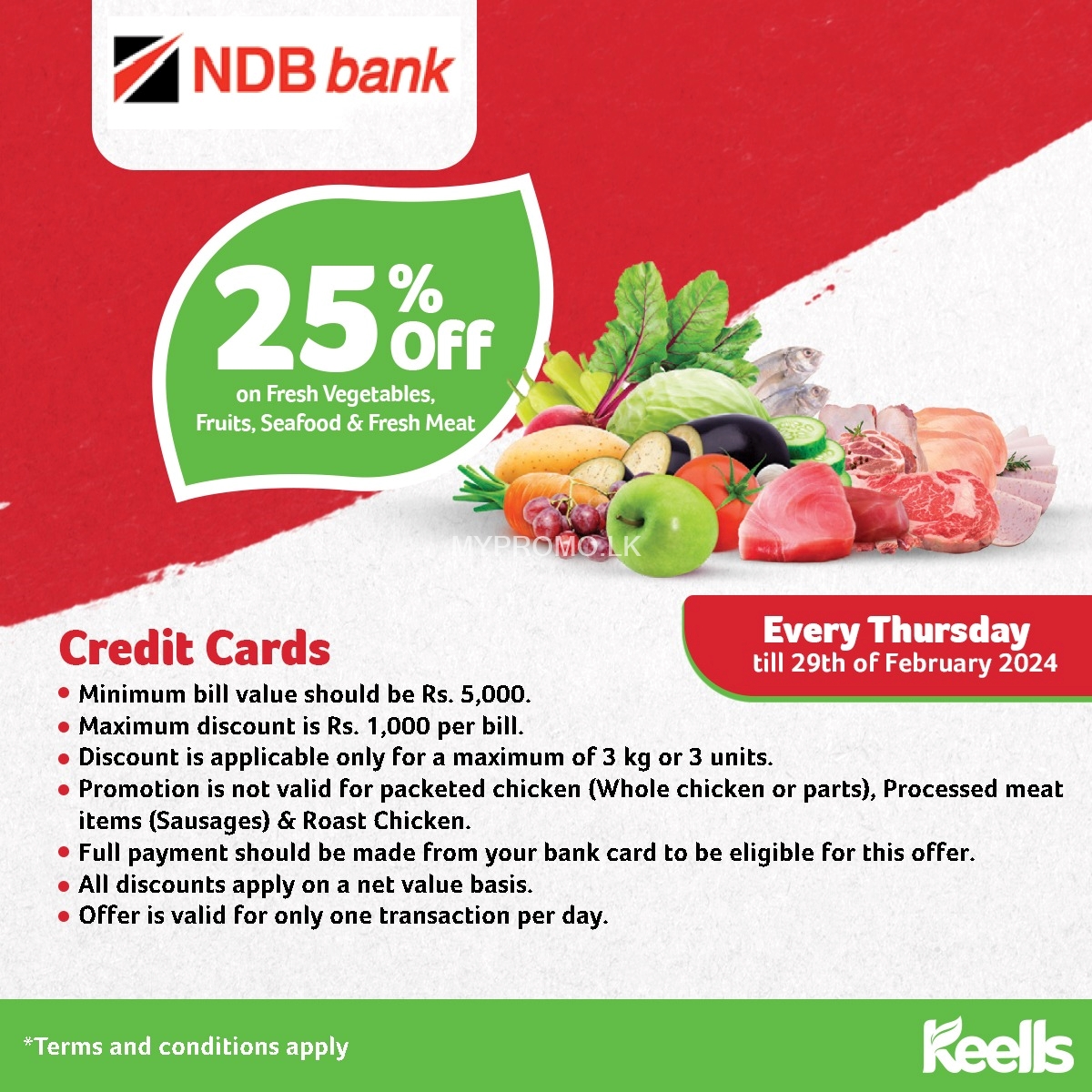 25% Off on Fresh Vegetables, Fruits, Seafood & Fresh meat at Keells for NDB Bank Credit Cards 