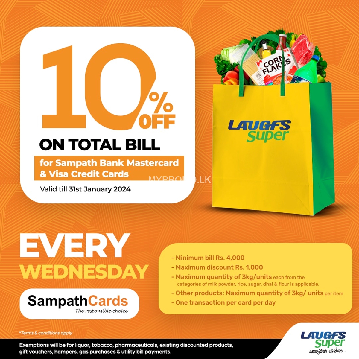 10% Off on Total Bill at LAUGFS Supermarket for Sampath Credit Cards