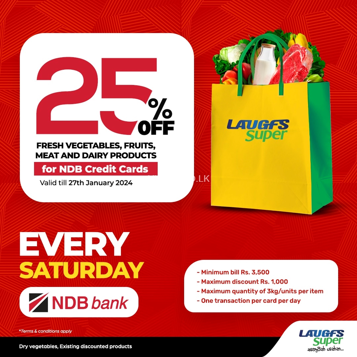 25% Off on Fresh Vegetables, Fruits, Meat and Dairy Products at LAUGFS Supermarket for NDB Credit Cards 