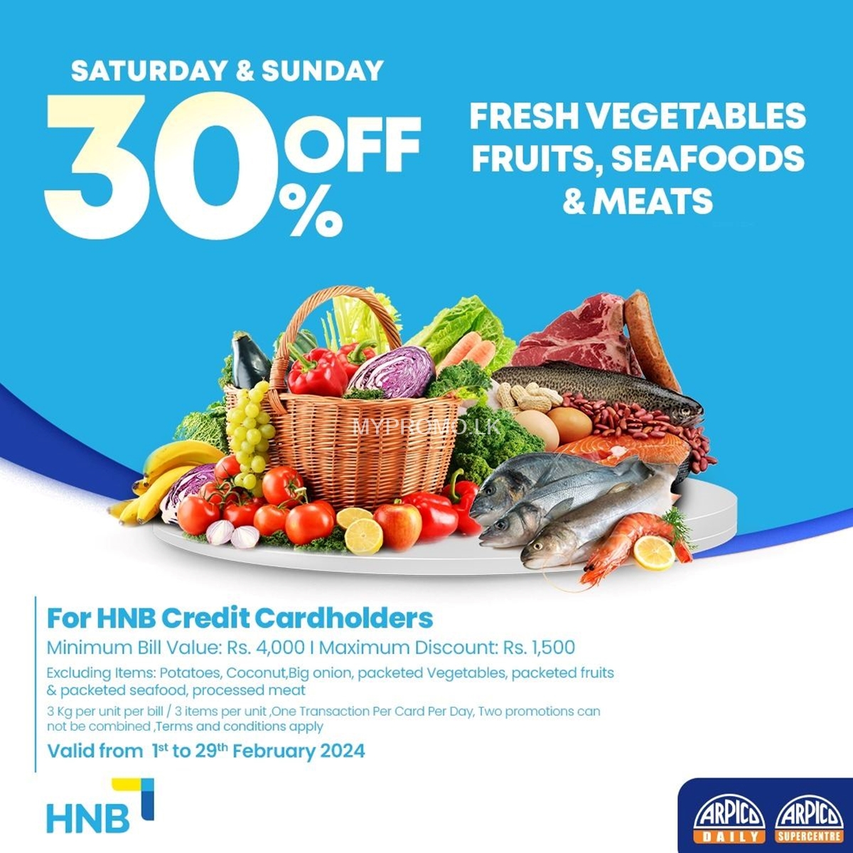 30% Off on Fresh Vegetables, Fruits, Seafoods & Meats at Arpico Super Centre for HNB Credit Cards