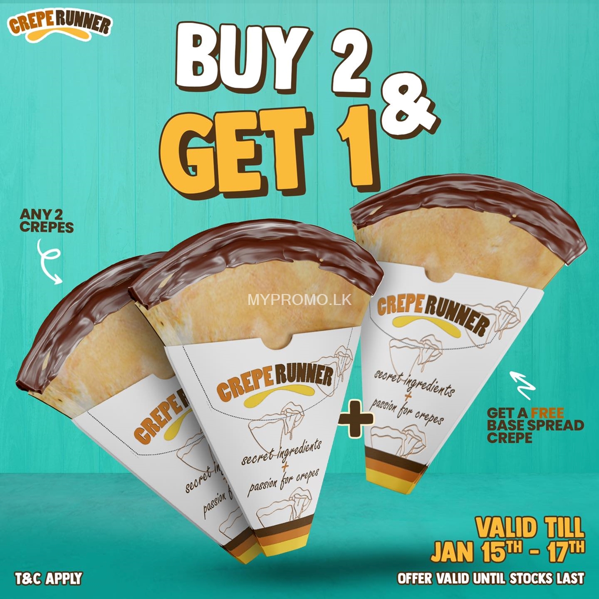 Get 1 FREE crepe (Any base spread) when you buy any 2 crepe at Crepe Runner 