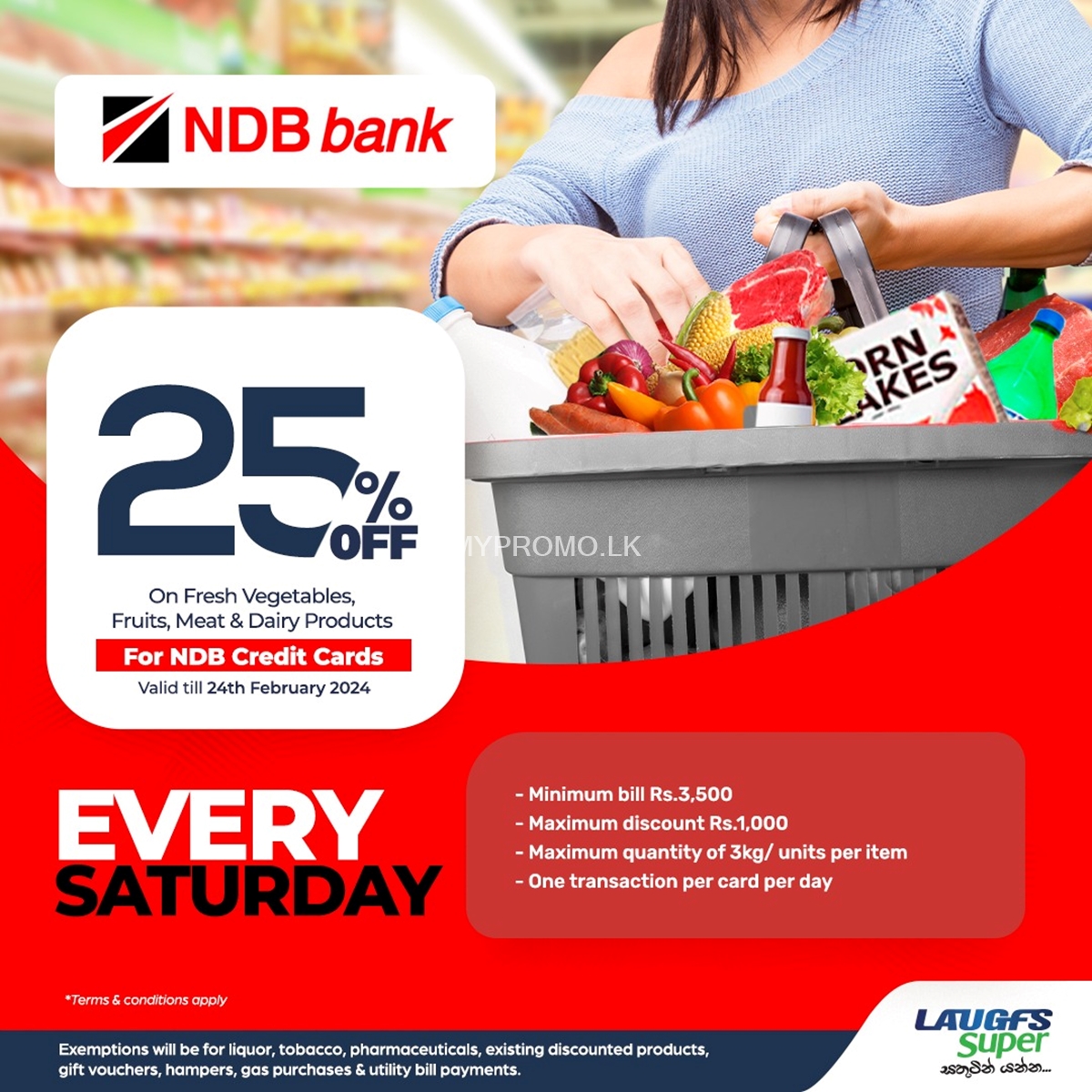 25% off on Fresh Vegetables, fruits, Meat & Dairy Products at LAUGFS Supermarket for NDB Credit cards
