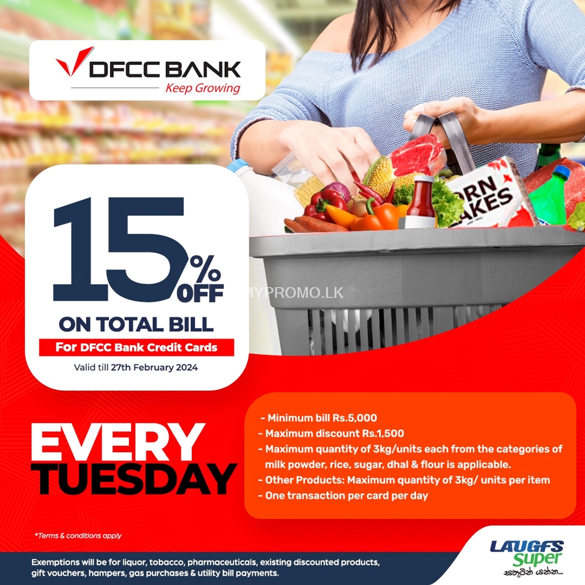 15% Off on Total Bill for DFCC Bank Credit Cards at LAUGFS Supermarket