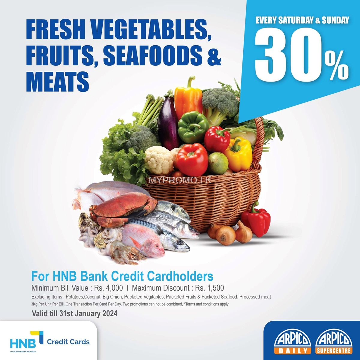 Enjoy 30% savings on fruits, vegetables, seafood, & Meats at Arpico Super Centre with HNB bank Credit Cards