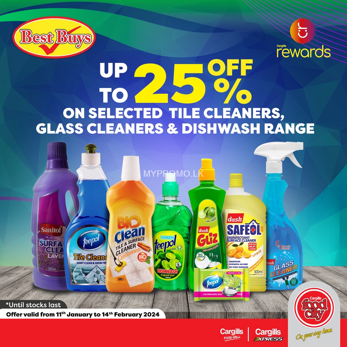 Up to 25% Off on selected tile Cleaners, glass cleaners & Diswash Range at Cargills Food City