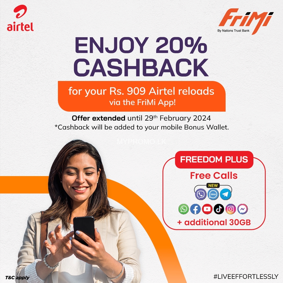Get 20% CASHBACK for all the Rs.909 Airtel Reloads you make through the FriMi App