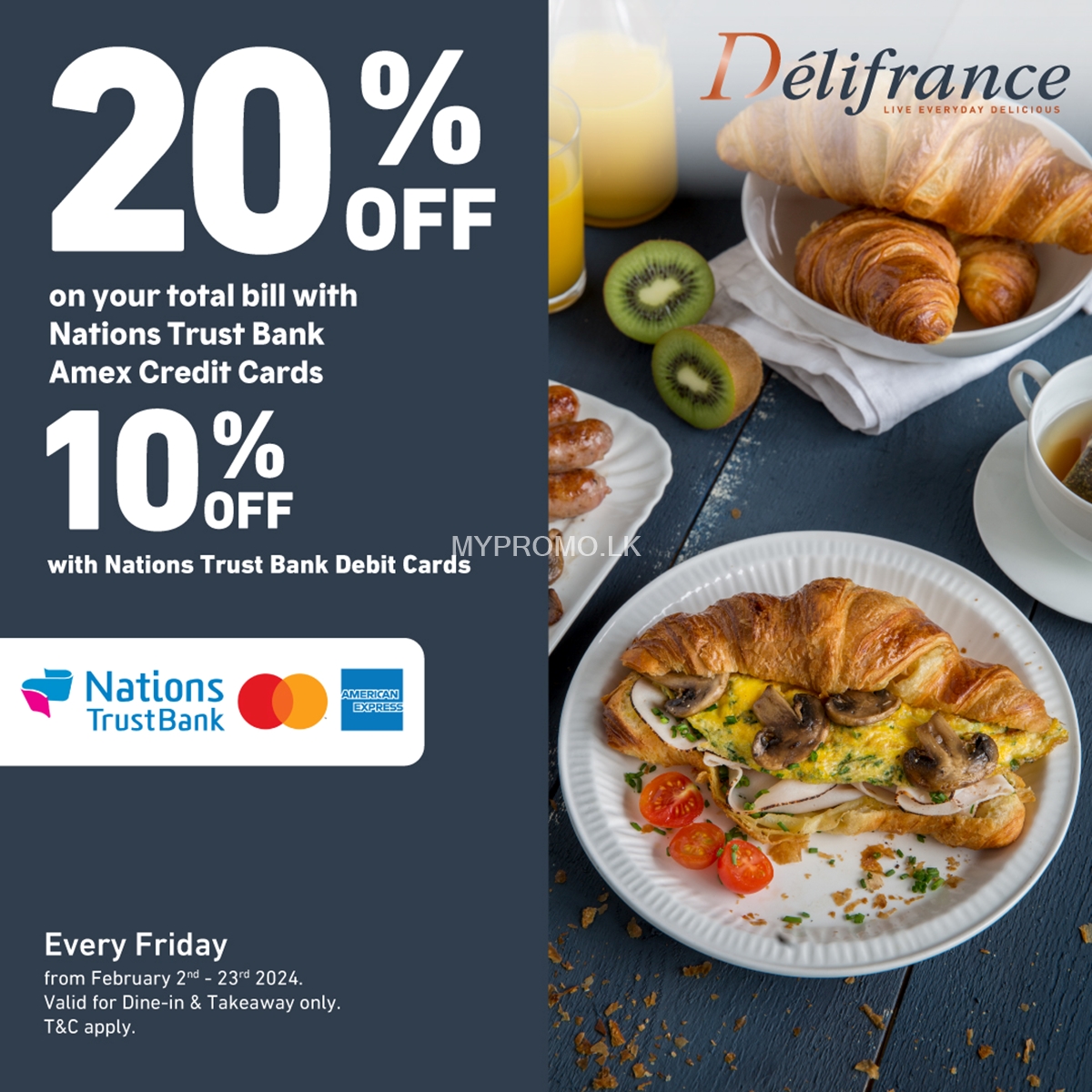 Enjoy up to 20% off for Nations trust bank cards at Delifrance
