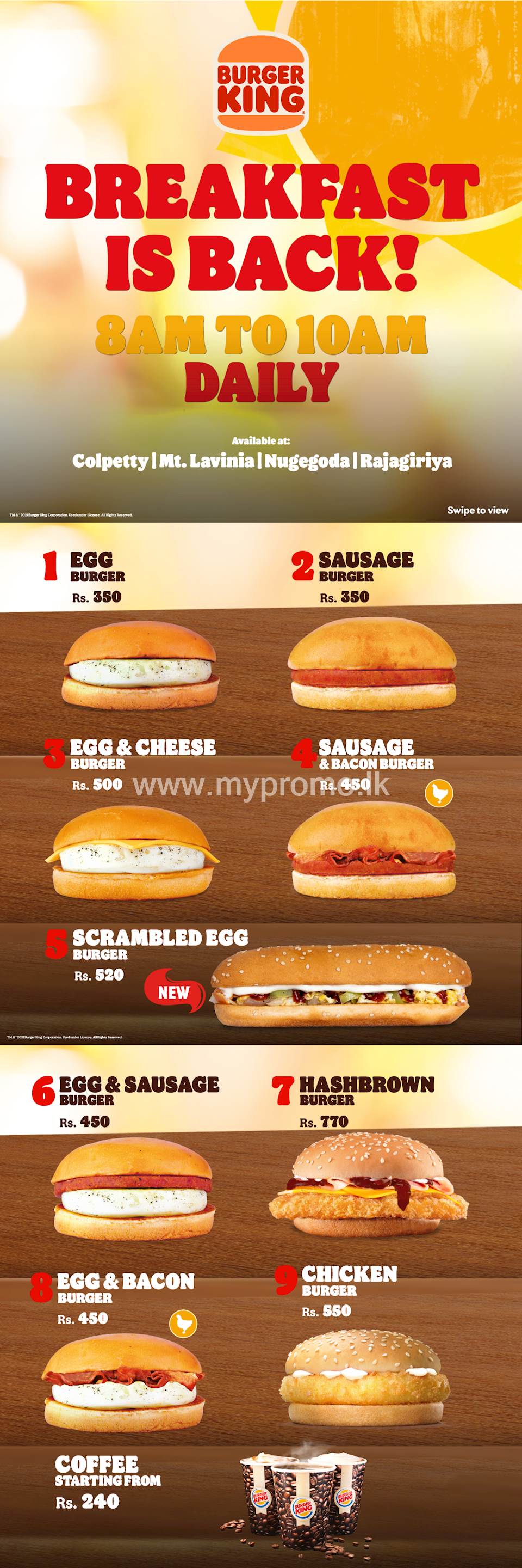 Breakfast menu at Burger King