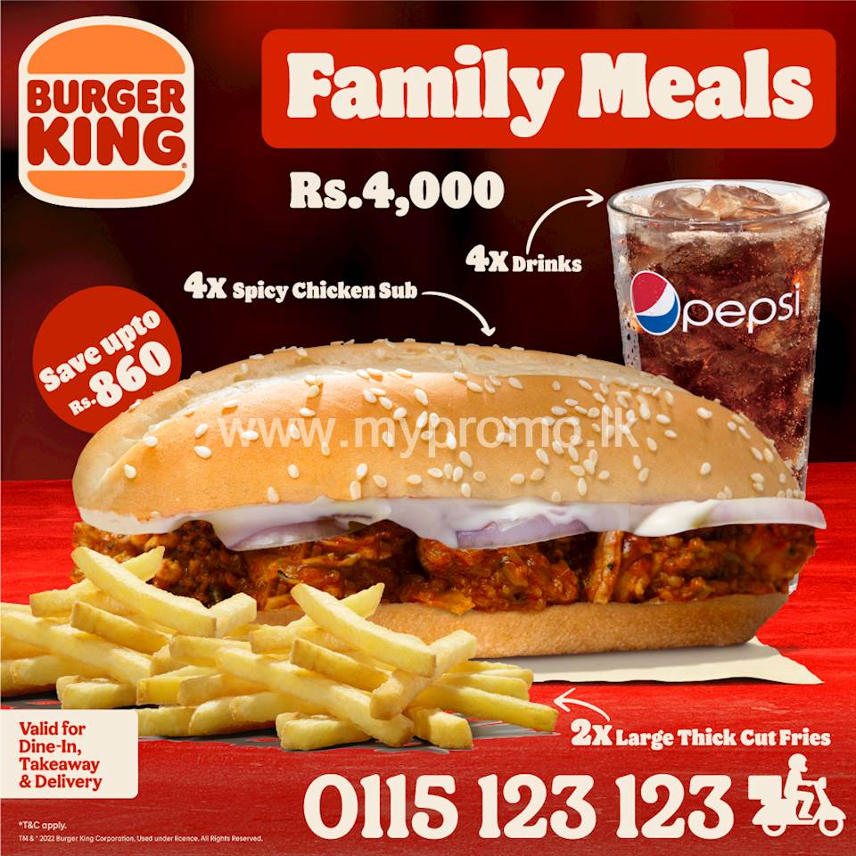  4x Spicy Chicken Subs + 2x Large Thick Cut Fries + 4x Drinks for Rs, 4,000/-