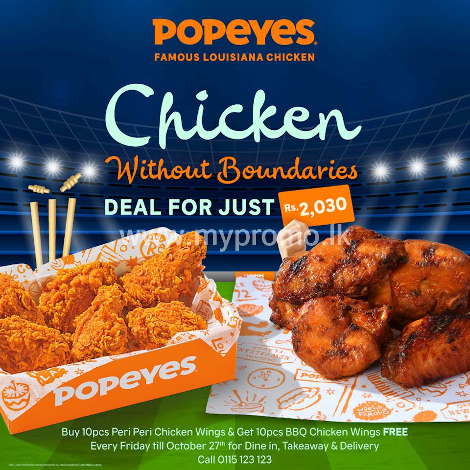 Enjoy 10 pieces of Peri Peri Chicken Wings and get 10 pieces of BBQ Chicken Wings for free on Fridays at Popeyes 