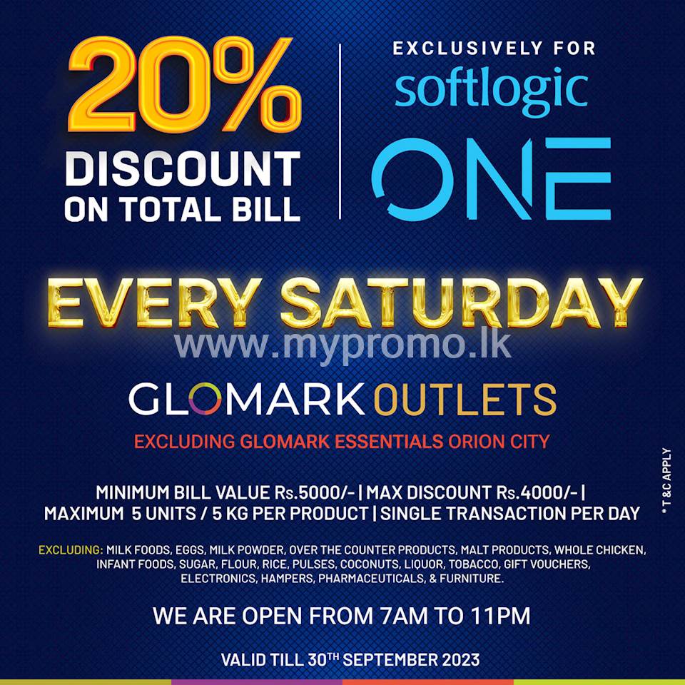 Enjoy 20% DISCOUNT on your Total Bill for online purchases at www.glomark.lk