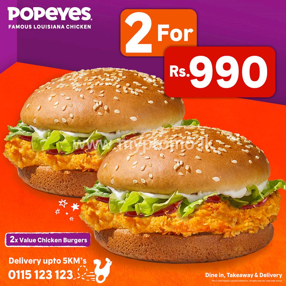  Grab two Value Chicken burgers for just Rs.990 from Popeyes