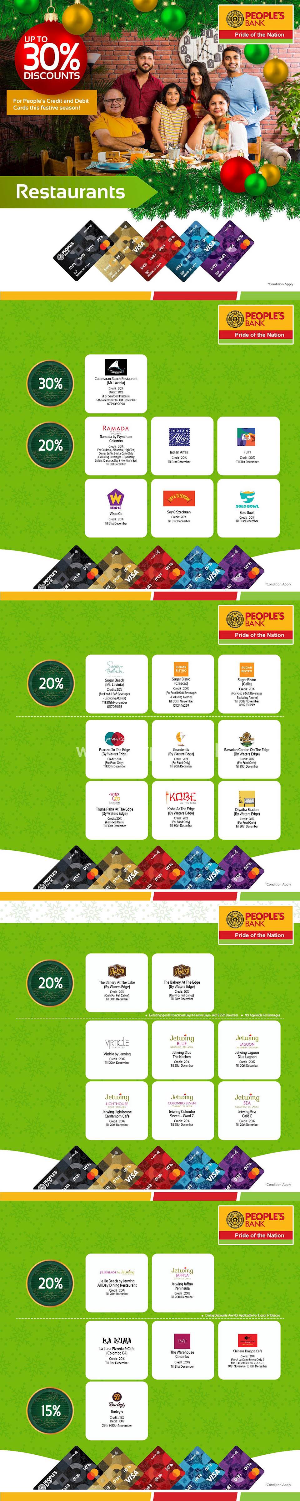 Up to 30% discounts at Restaurants on your People’s Bank Credit or Debit Card