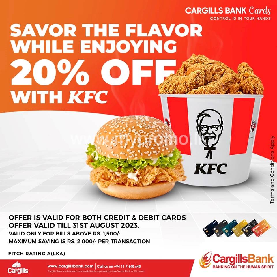 Enjoy 20% off at KFC and savor every crispy bite with Cargills Bank debit and credit cards
