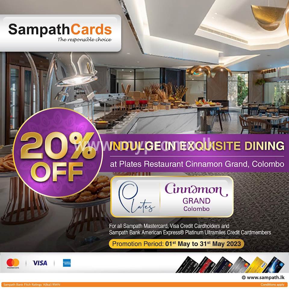 20% discount on your bill at Plates Restaurant Cinnamon Grand, Colombo for Sampath Cards