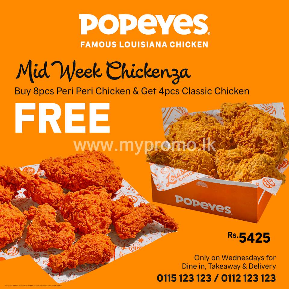 Get 8pc Peri Peri Chicken at Rs.5425 and Get 4pc Signature Classic Chicken for free at Popeyes