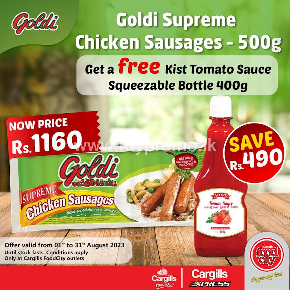 Buy a 500g Goldi Supreme Chicken Sausages and get 400g Kist Tomato Sauce squeezable bottle FREE!