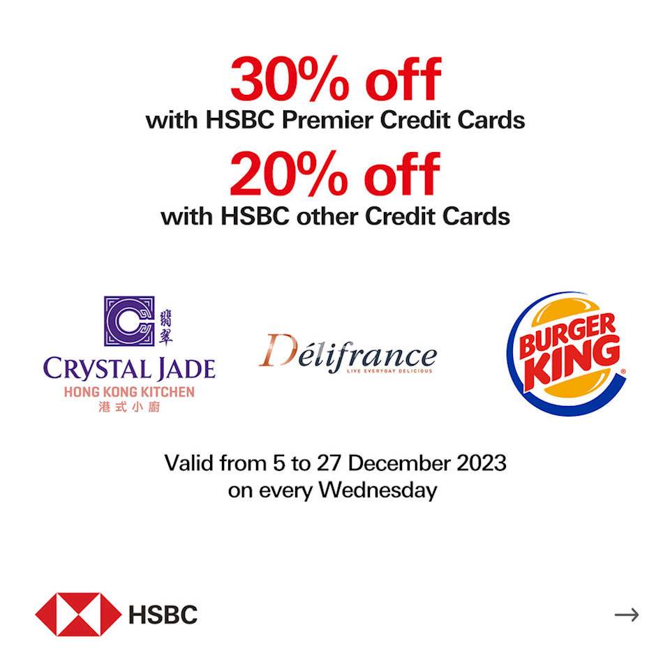 Enjoy up to 30 off at Crystl Jade, Delifrance, and Burger King with