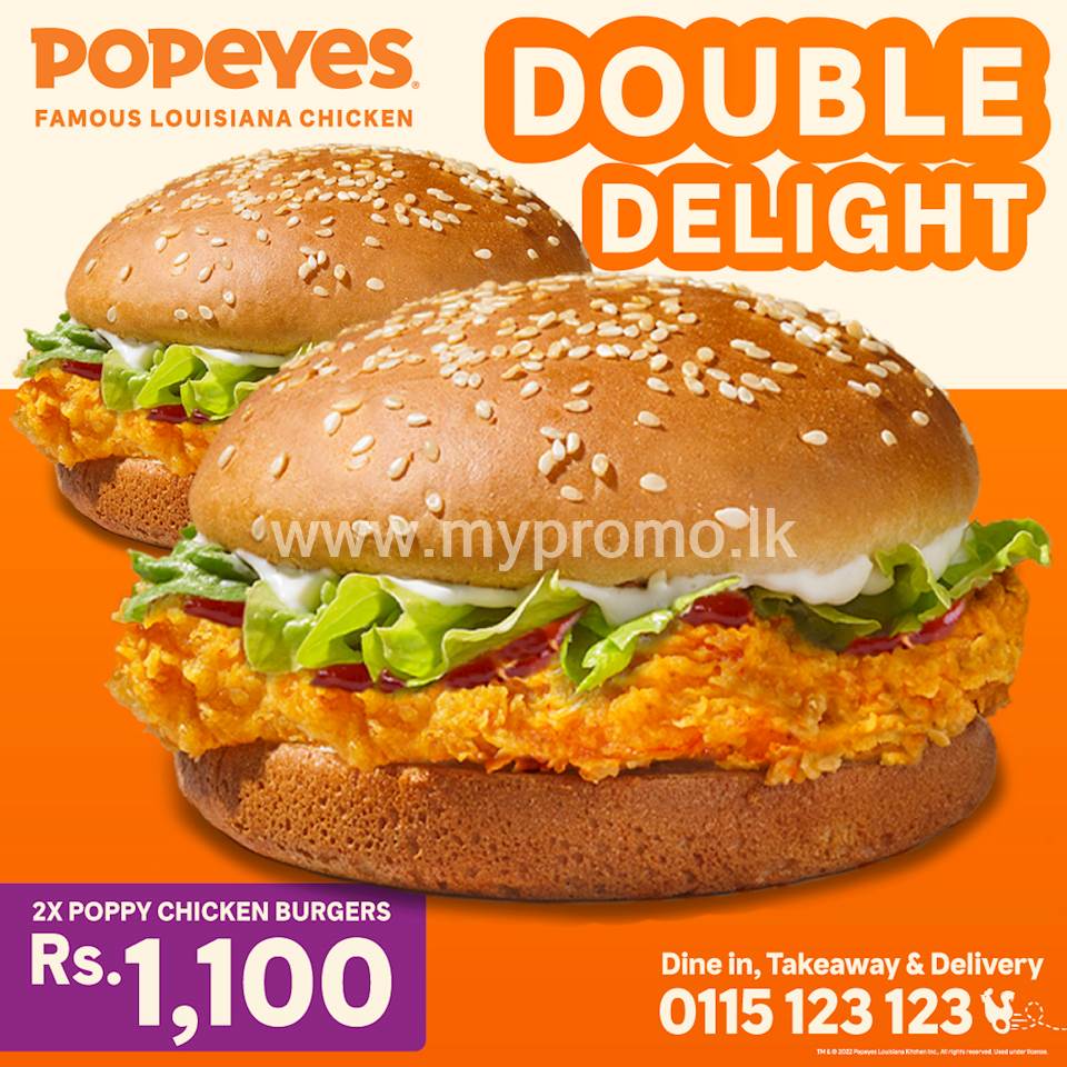 Get 2 delightful Poppy Chicken Burgers from Popeyes for just Rs.1,100!