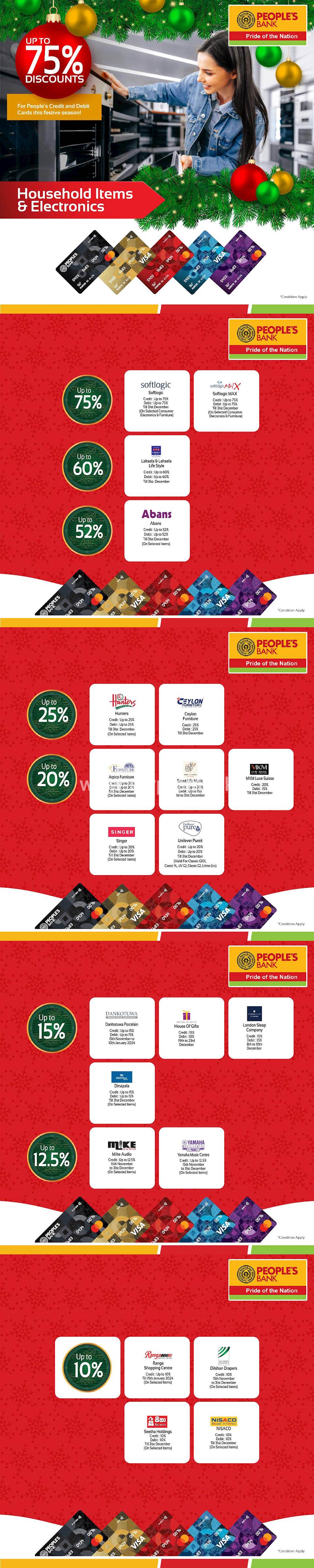 Up to 75% discounts on Household Items and Electronics for People’s Bank Credit or Debit Card at selected shops 