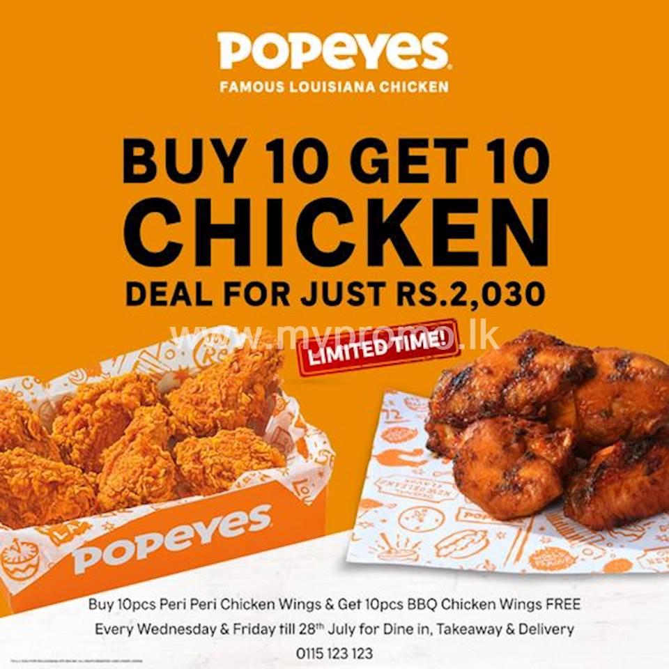 Buy 10pcs of Peri Peri Chicken Wings for Rs.2,030 and enjoy 10pcs of BBQ Chicken Wings for free at Popeyes 