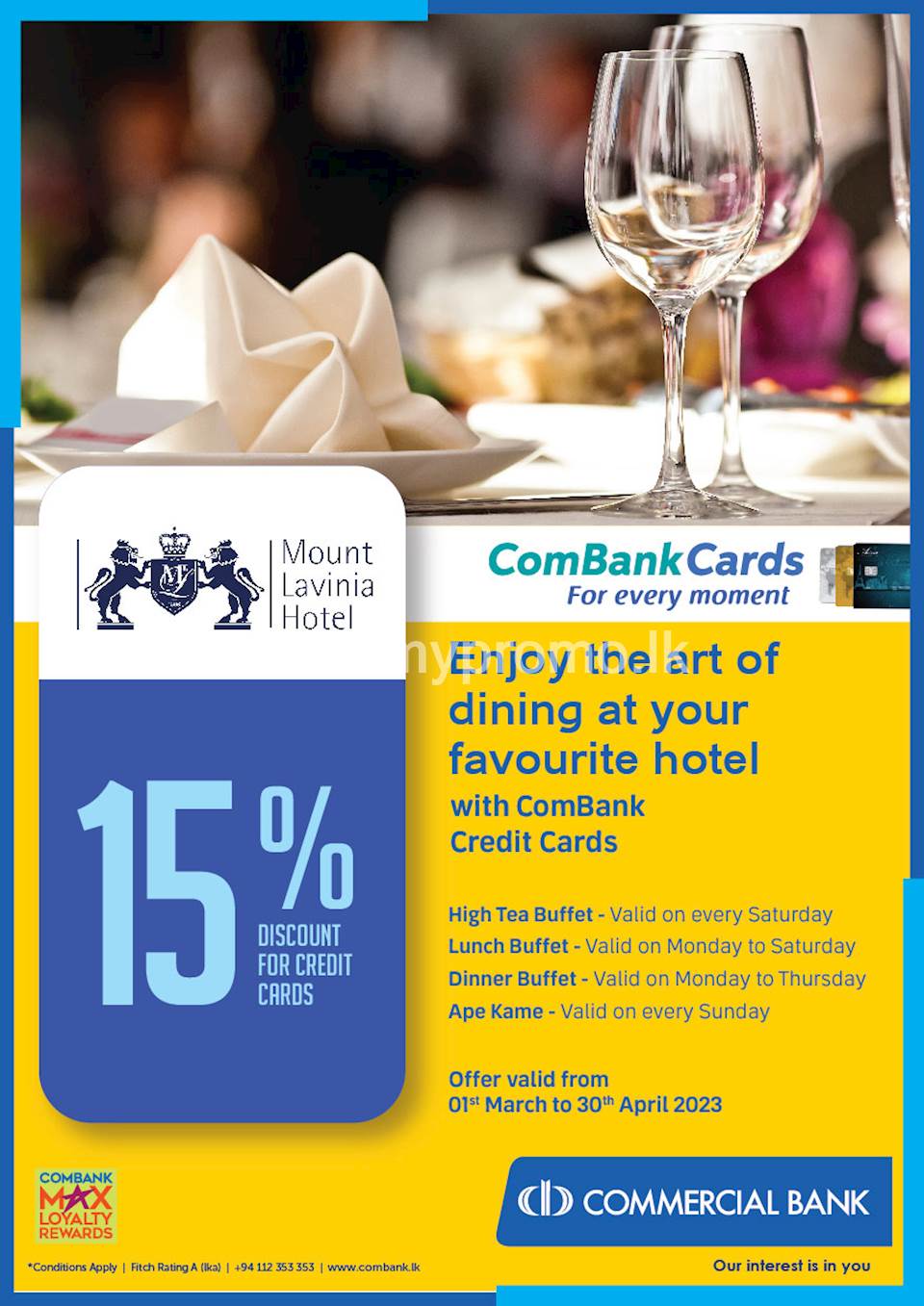 Enjoy the art of dining at Mount Lavinia Hotel with ComBank Credit Cards