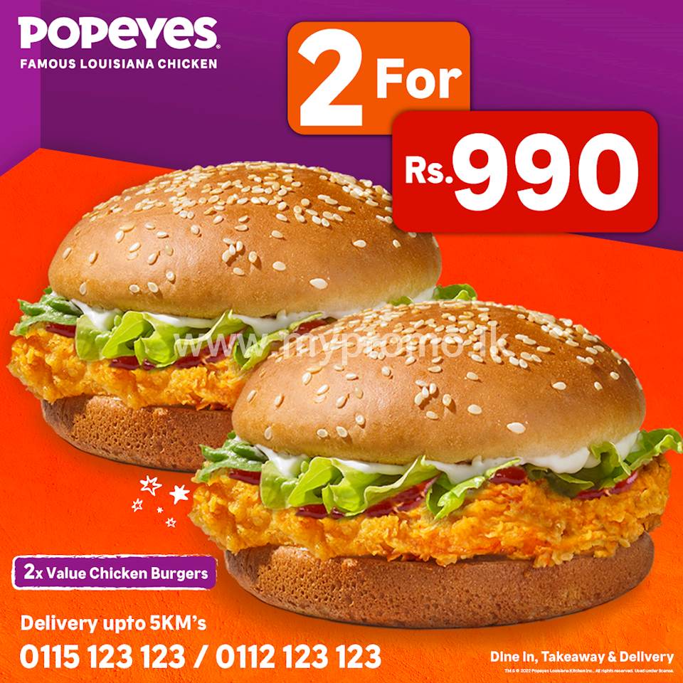 Grab two Value Chicken burgers for just Rs.990 from Popeyes