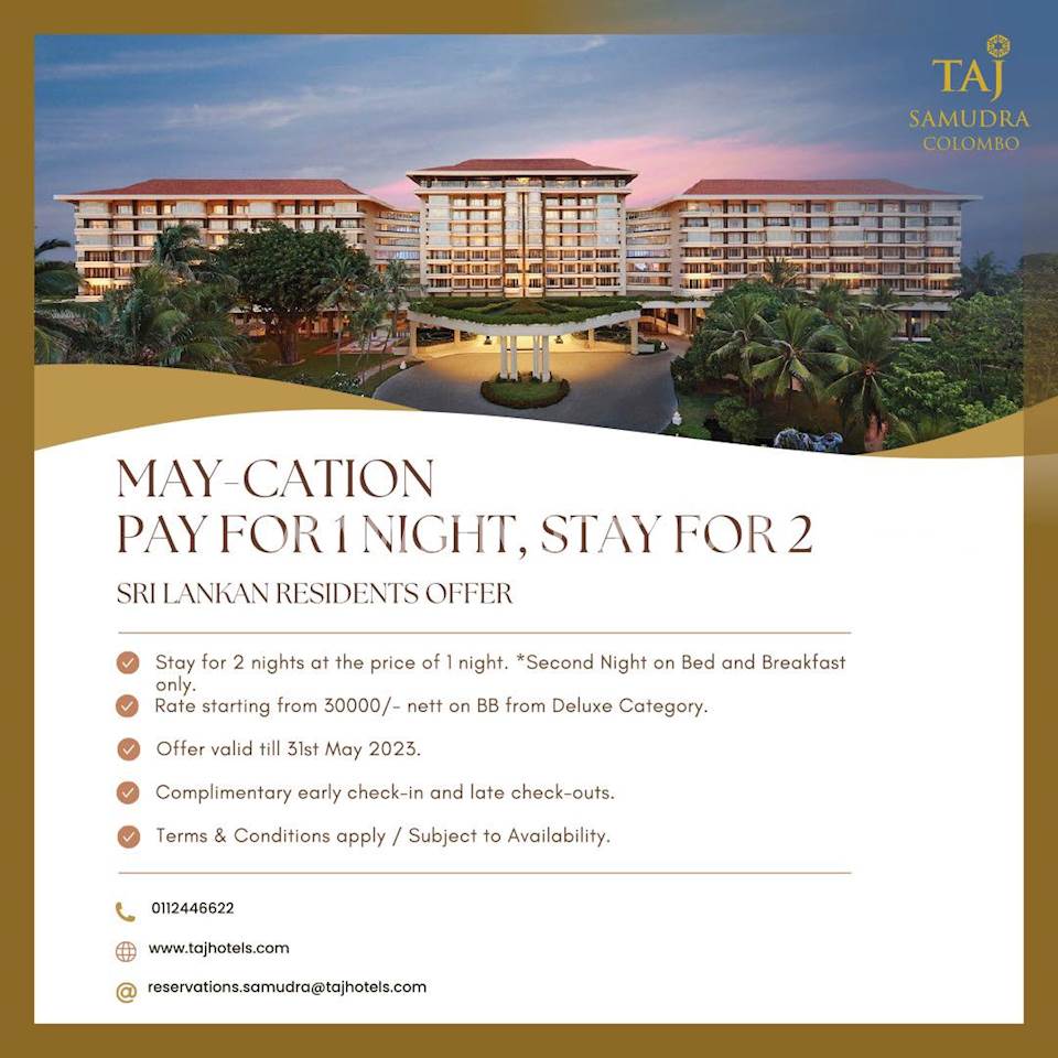 Pay for one night and stay for two at Taj Samudra Colombo