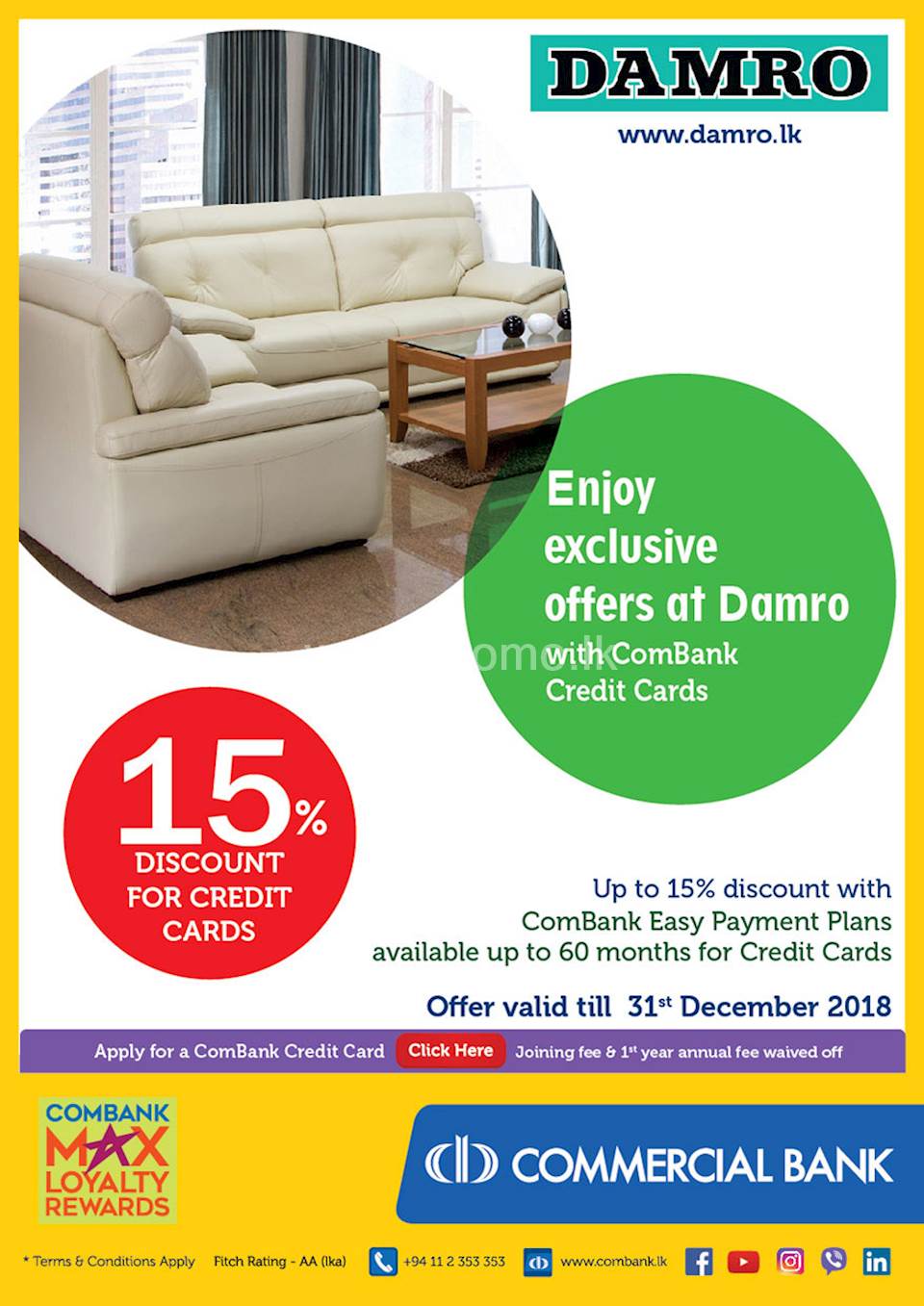 Enjoy exclusive 15 Discount at Damro on ComBank Credit Cards