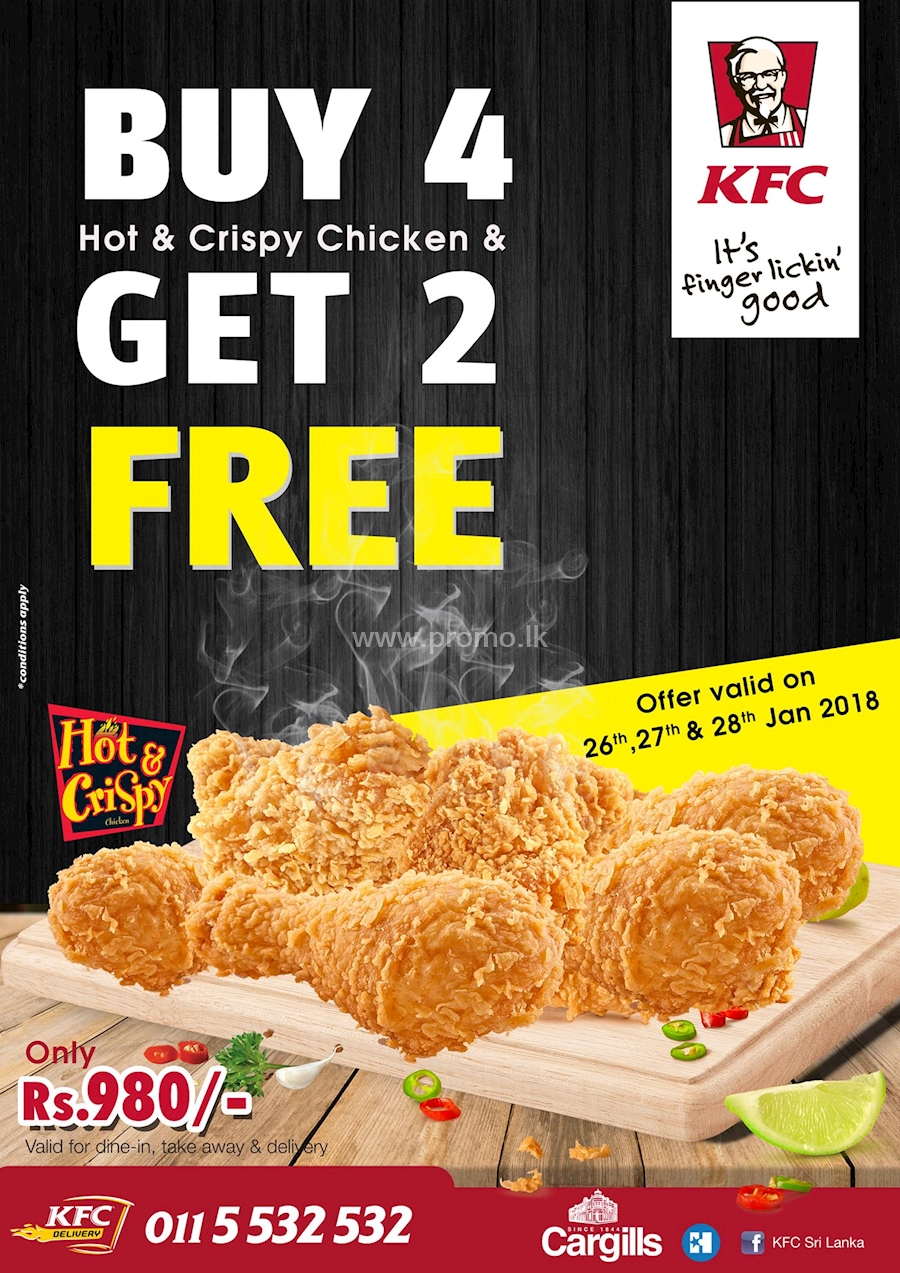 Buy 4 Hot and Crispy Chicken and Get 2 Free at KFC