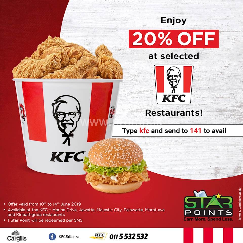 Enjoy 20% off at selected KFC outlets.